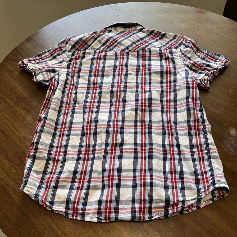 True Religion Plaid Shirt Men's L Western Button Short Sleeve Embroidered